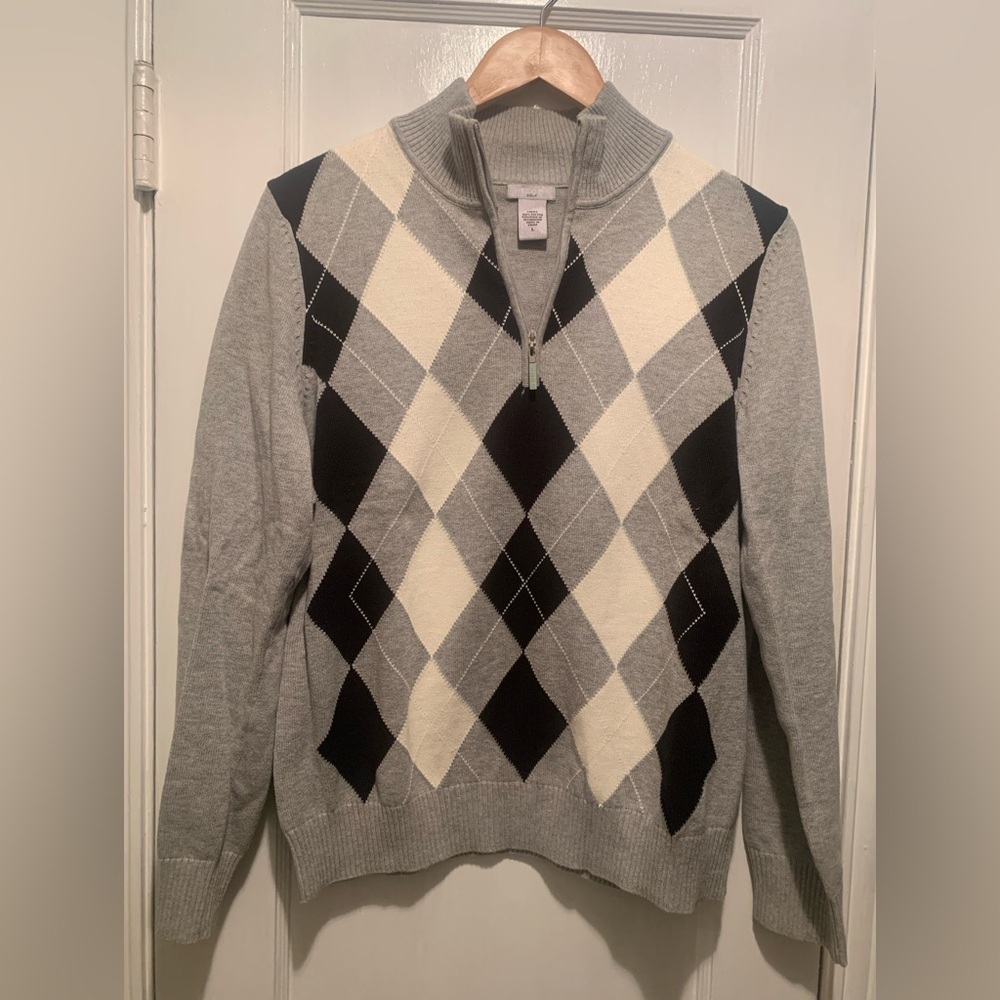 Izod Golf Gray and Black Argyle 1/4 Zip-Up Preppy Sweater 100% Cotton Like New L